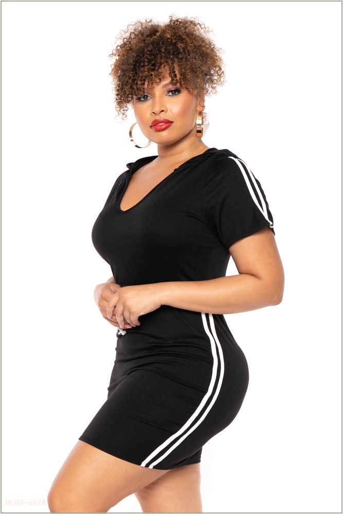  Plus Size Sporty Varsity Stripe Hoodie Dress - Black Q26-CS1523-BK-3X