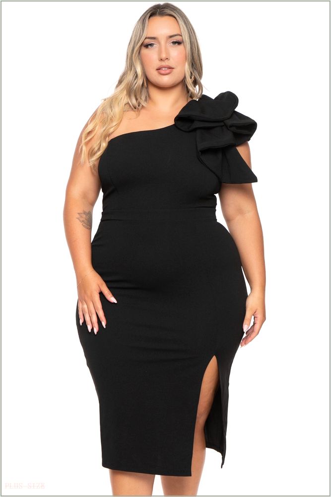  Plus Size Abrielle One Shoulder Ruffle Midi Gown- Black Z226-IXD9398JP-BK-1X