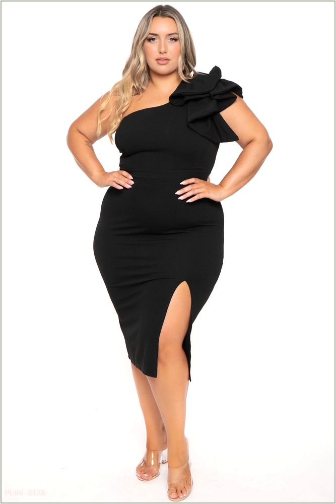  Plus Size Abrielle One Shoulder Ruffle Midi Gown- Black Z226-IXD9398JP-BK-1X