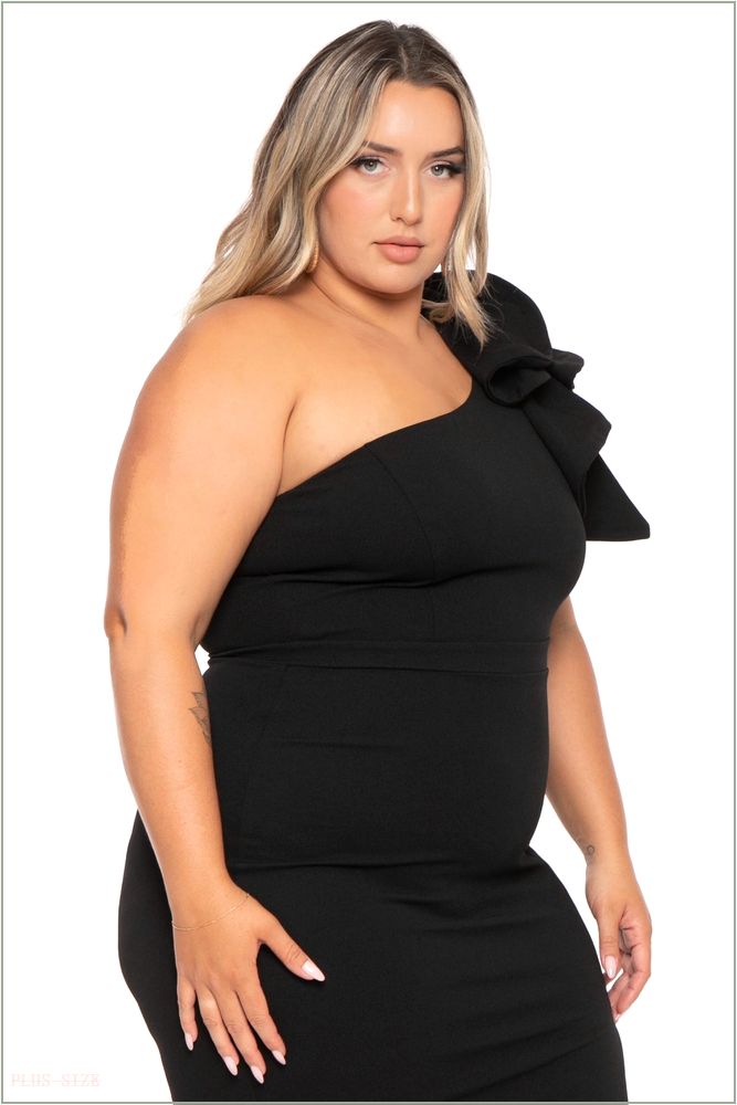  Plus Size Abrielle One Shoulder Ruffle Midi Gown- Black Z226-IXD9398JP-BK-1X