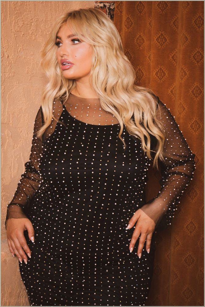  Plus Size Aceline Pearl & Rhinestone Mesh Dress - Black Z271-PD32139A-BK-1X