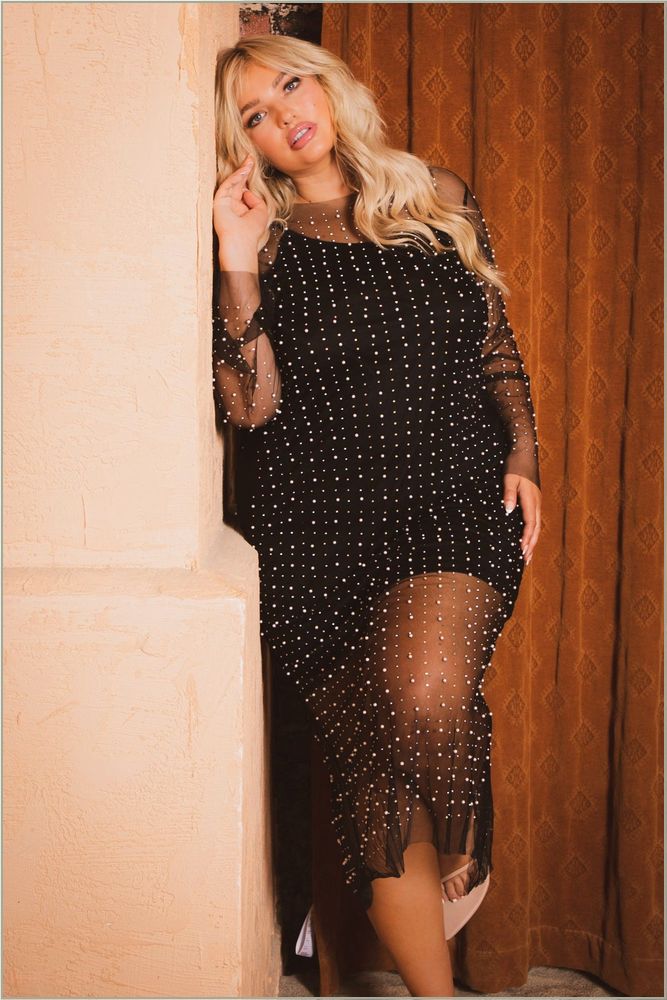  Plus Size Aceline Pearl & Rhinestone Mesh Dress - Black Z271-PD32139A-BK-1X