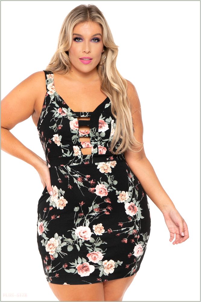  Plus Size Adalyn Floral Caged Dress - Black U21-CS2166F-BK-4X