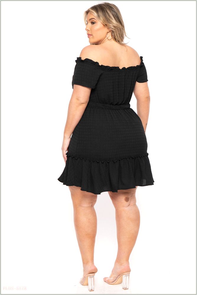  Plus Size Adella Lace Up Ruffle Dress- Black H7-CS2340-BK-1X