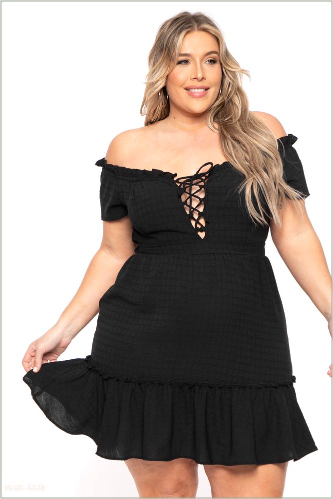  Plus Size Adella Lace Up Ruffle Dress- Black H7-CS2340-BK-1X