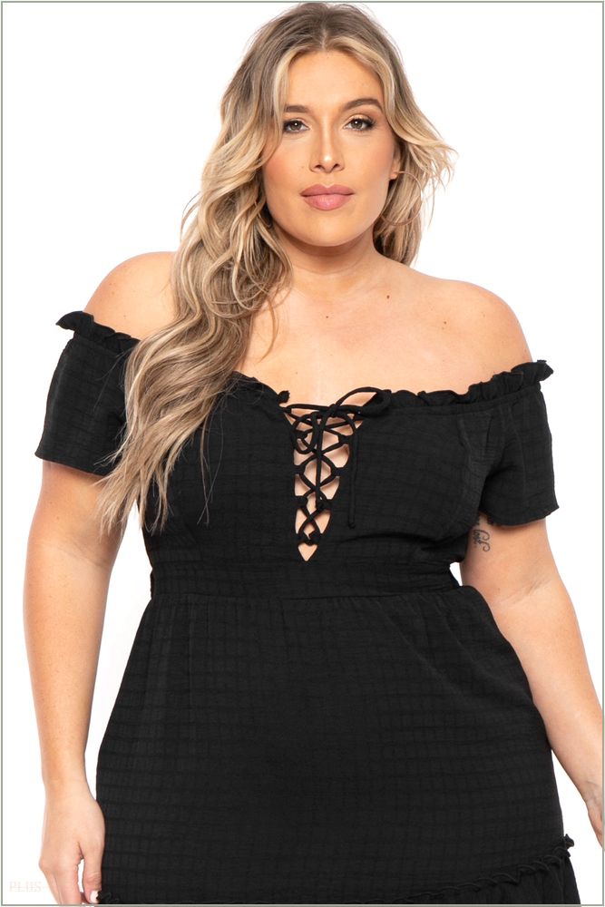  Plus Size Adella Lace Up Ruffle Dress- Black H7-CS2340-BK-1X