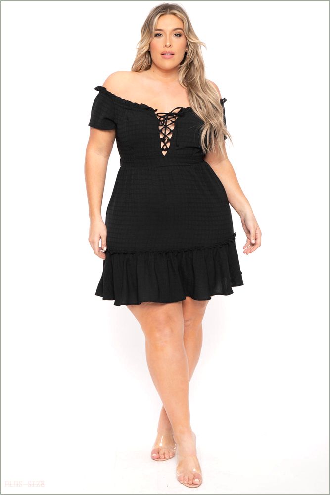  Plus Size Adella Lace Up Ruffle Dress- Black H7-CS2340-BK-1X