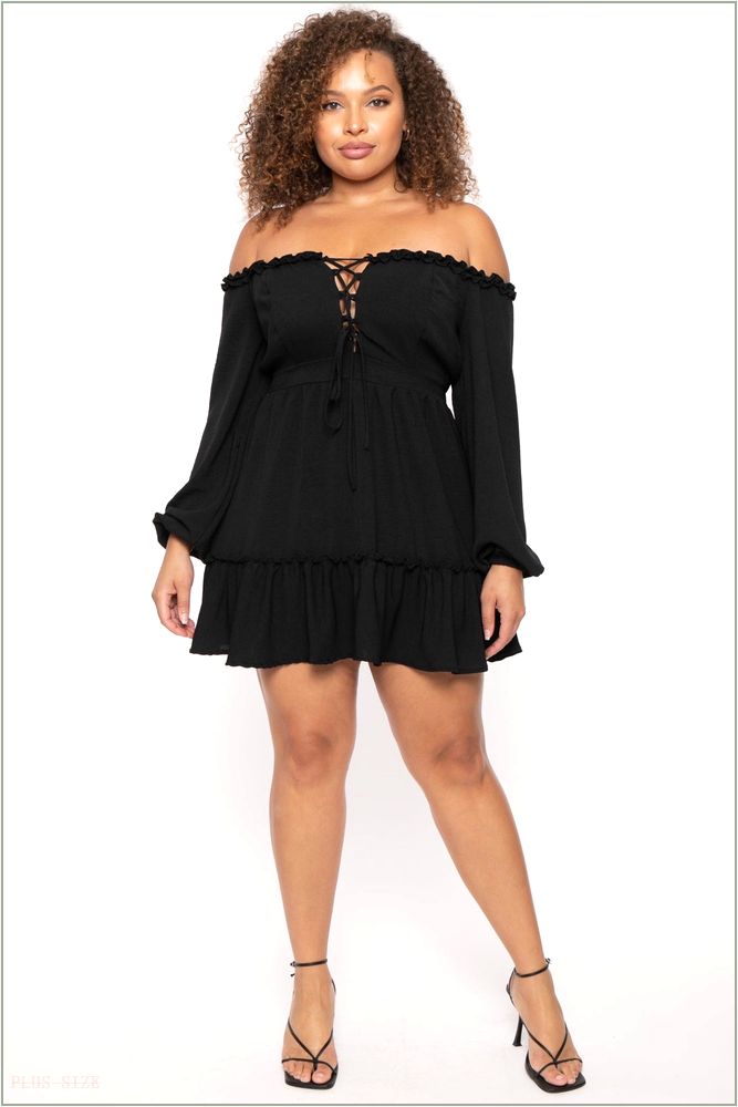  Plus Size Adellia Lace Up Ruffle Dress- Black NG4-CS2570-BK-1X