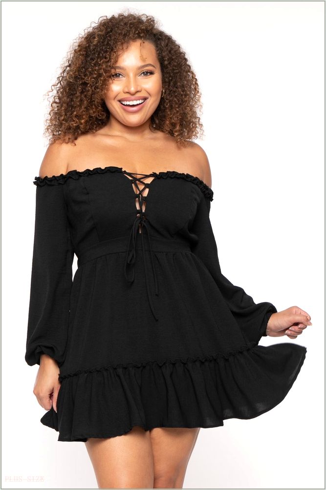  Plus Size Adellia Lace Up Ruffle Dress- Black NG4-CS2570-BK-1X