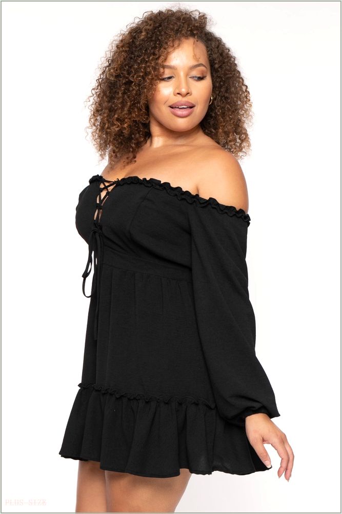  Plus Size Adellia Lace Up Ruffle Dress- Black NG4-CS2570-BK-1X