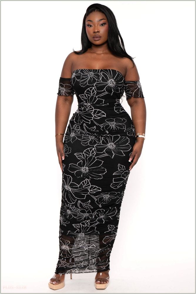  Plus Size Aissa Rouched Mesh Maxi Dress - Black H7-CS2639-BK-1X