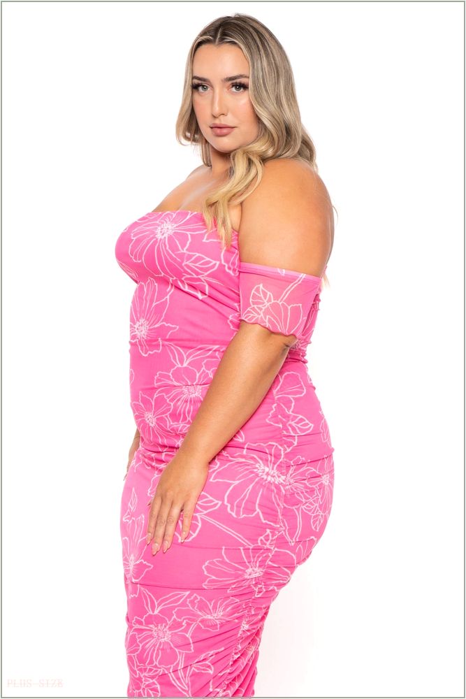  Plus Size Aissa Rouched Mesh Maxi Dress - Pink H7-CS2639-PK-1X