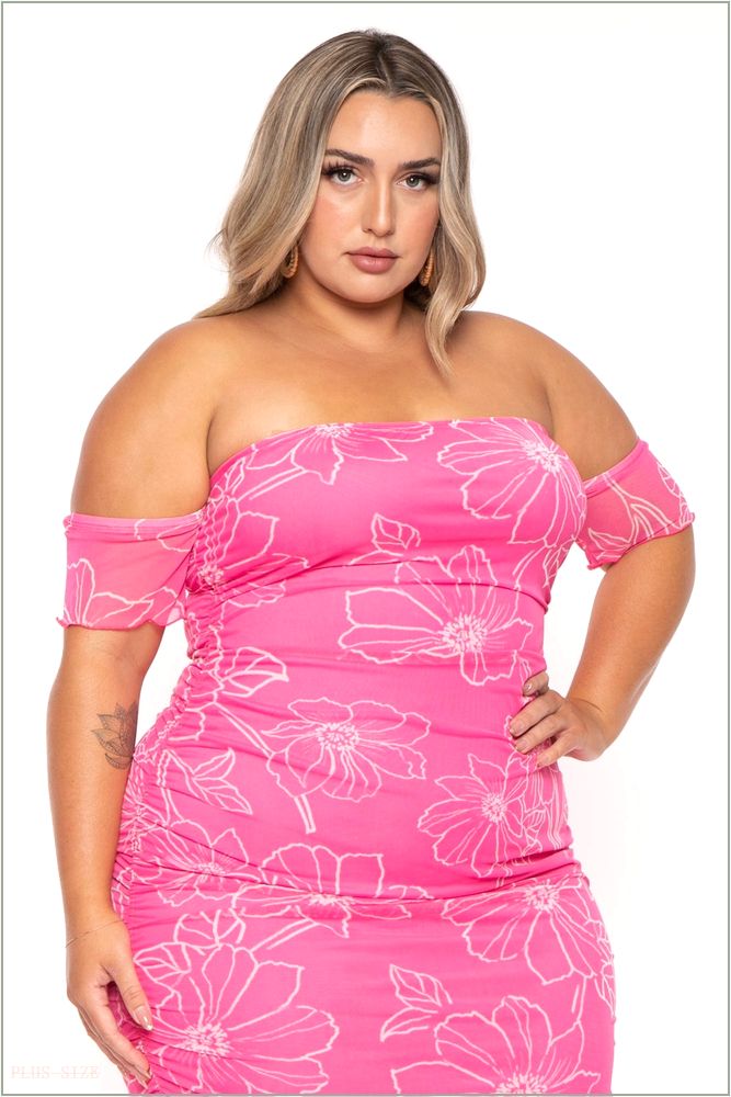  Plus Size Aissa Rouched Mesh Maxi Dress - Pink H7-CS2639-PK-1X