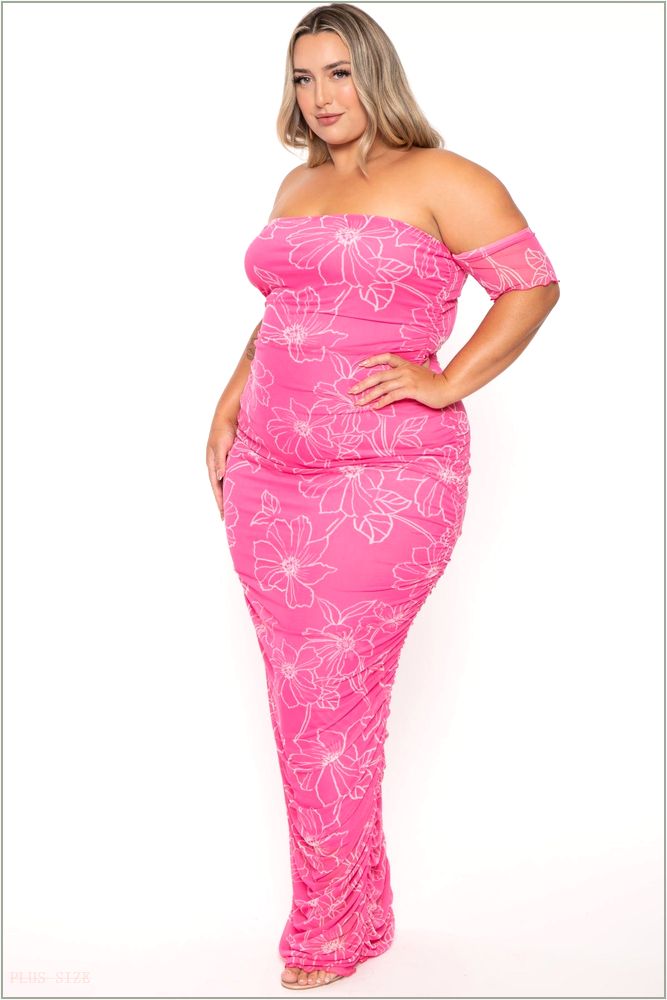  Plus Size Aissa Rouched Mesh Maxi Dress - Pink H7-CS2639-PK-1X