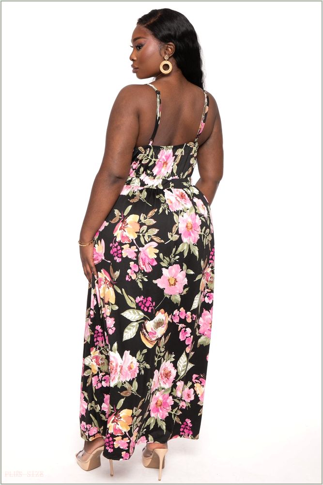  Plus Size Arianna M-Slit Floral Maxi Dress - Black H5-CS1044FP-BK-1X