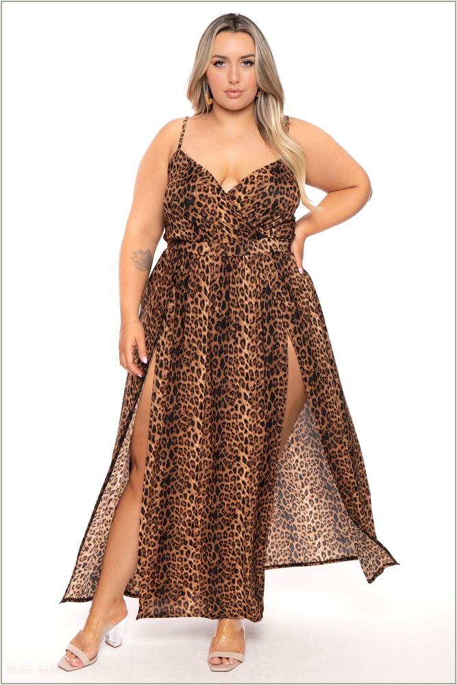  Plus Size Arianna M-Slit Leopard Maxi Dress - Brown H6-CS1044P-BR-1X