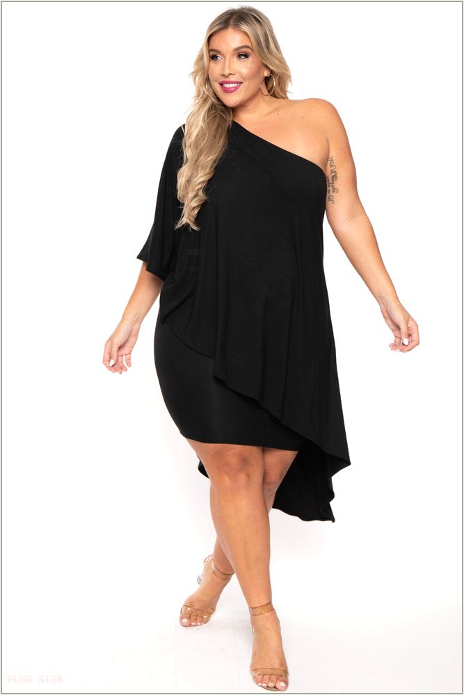  Plus Size Asymmetric Draped Dress - Black D23-CS0852-BK-1X