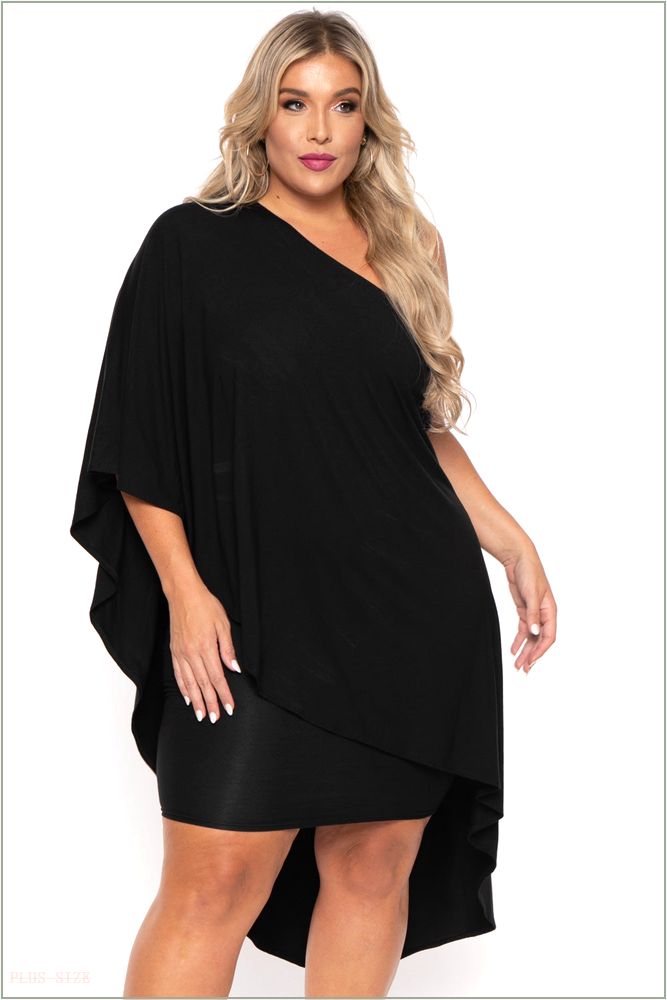  Plus Size Asymmetric Draped Dress - Black D23-CS0852-BK-1X