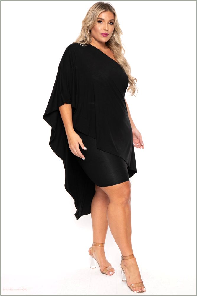  Plus Size Asymmetric Draped Dress - Black D23-CS0852-BK-1X