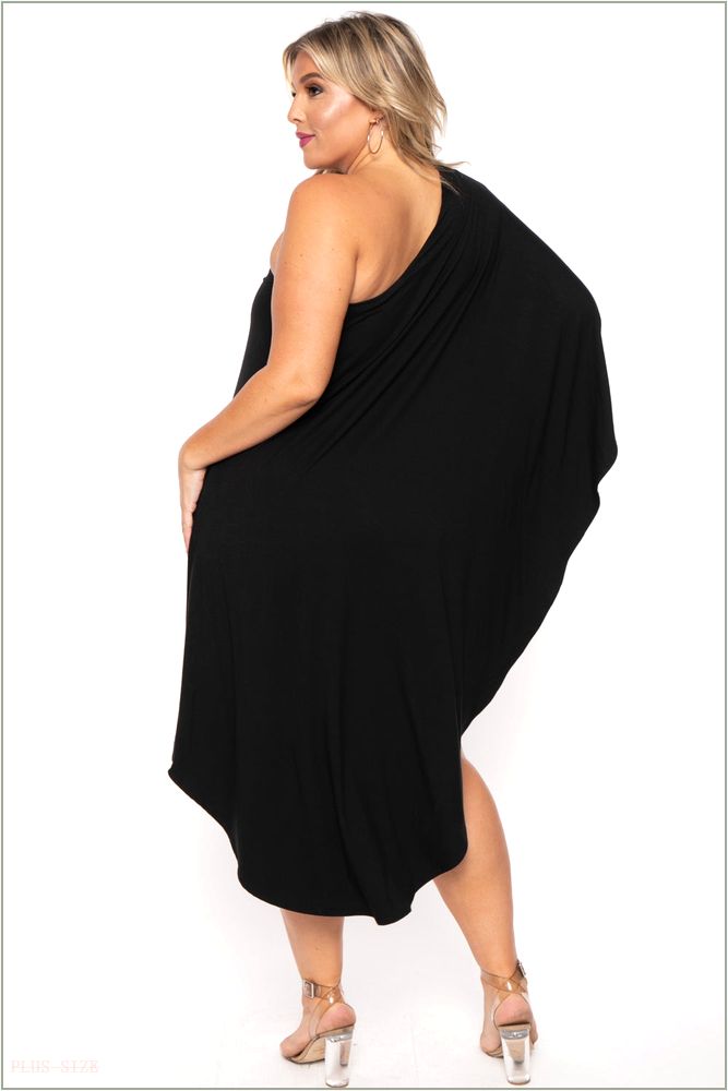  Plus Size Asymmetric Draped Dress - Black D23-CS0852-BK-1X