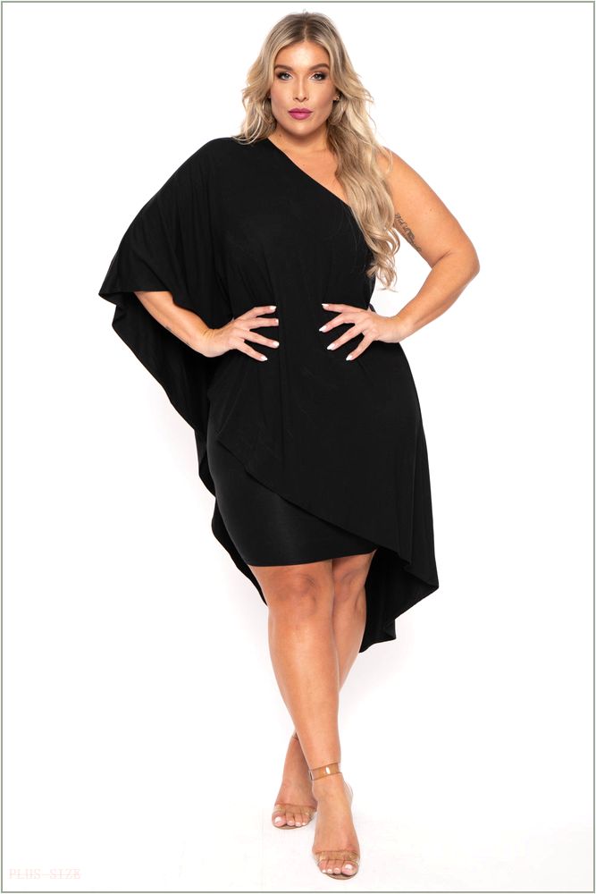  Plus Size Asymmetric Draped Dress - Black D23-CS0852-BK-1X