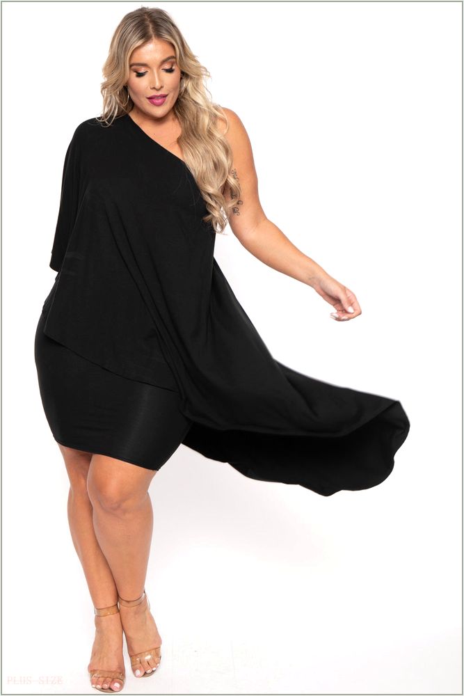  Plus Size Asymmetric Draped Dress - Black D23-CS0852-BK-1X