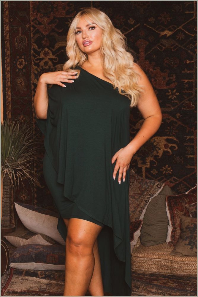  Plus Size Asymmetric Draped Dress - Hunter Green H9-CS0852-HG-1X