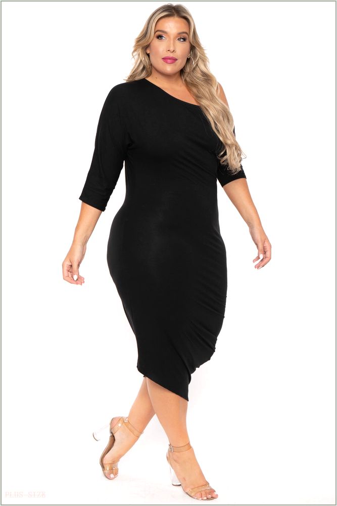  Plus Size Asymmetric Knit Dress - Black H2-CS1227-BK-2X