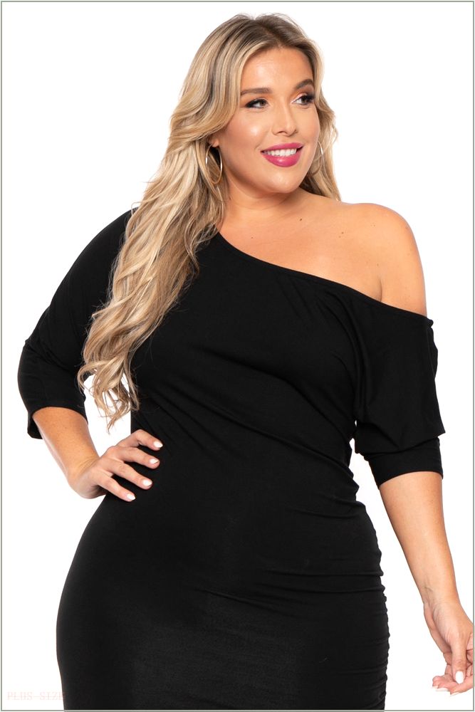  Plus Size Asymmetric Knit Dress - Black H2-CS1227-BK-2X