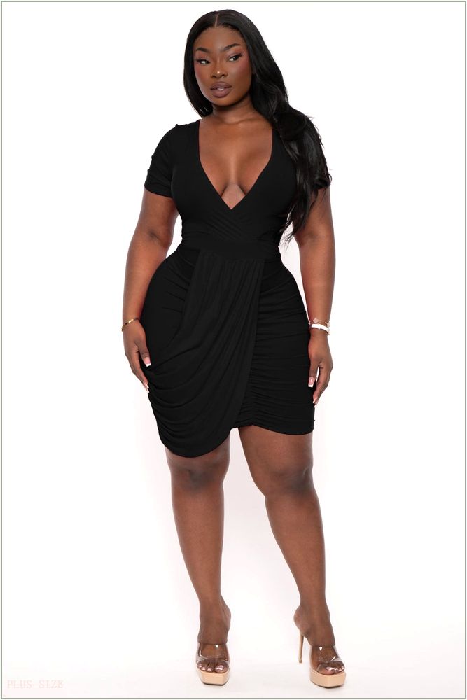  Plus Size Avie Front Drape Dress - Black H1-CS2642-BK-1X