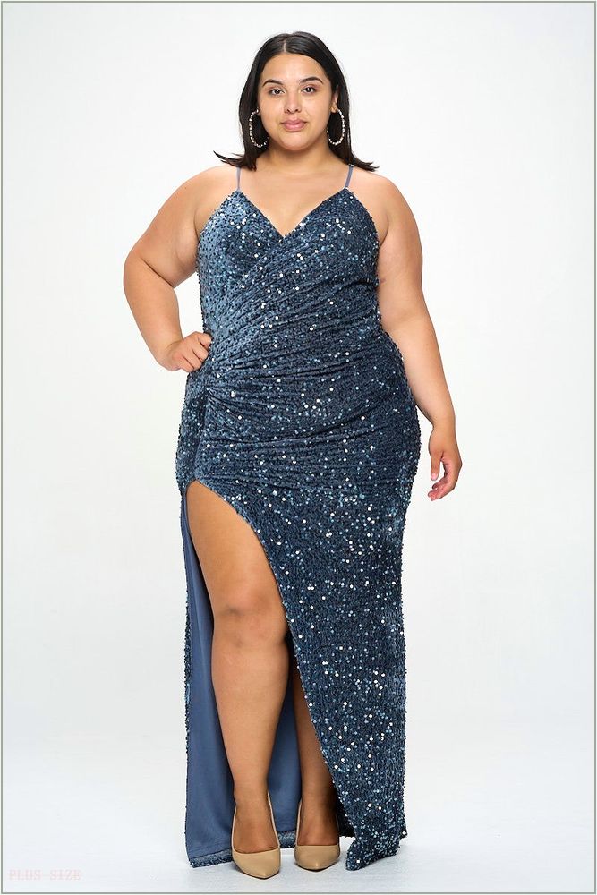  Plus Size Barrie Velvet Sequins High Slit Gown - Blue C36-P1011P7-BL-1X