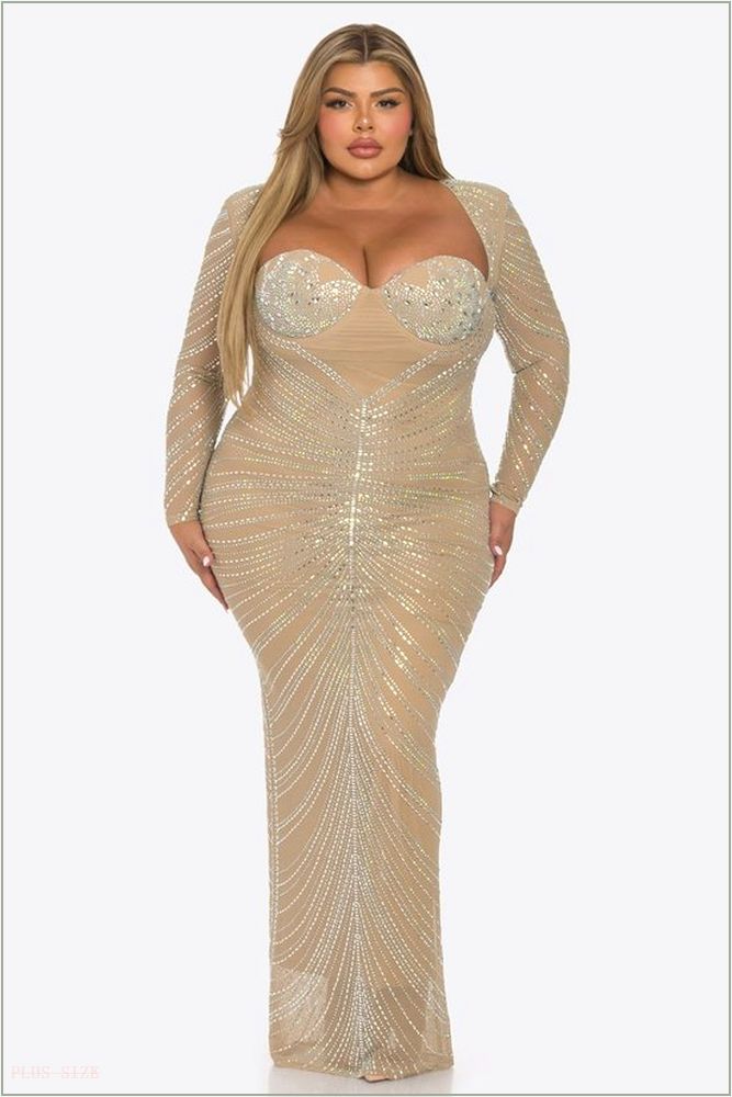  Plus Size Bella Long Sleeve Sequins Rhinestone Mesh Gown - Tan C5-BDS23863L-GD-2X