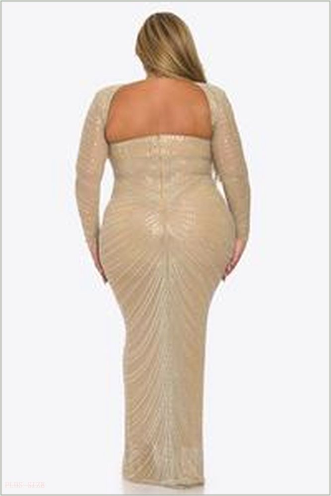  Plus Size Bella Long Sleeve Sequins Rhinestone Mesh Gown - Tan C5-BDS23863L-GD-2X