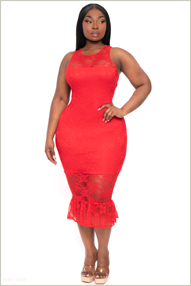  Plus Size Berenice Midi Lace Dress - Red X9-CS2413-RD-1X