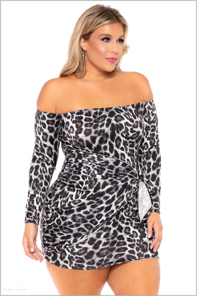  Plus Size Betsy Leopard Front Knot Dress - Grey H17-CS2200-GY-3X