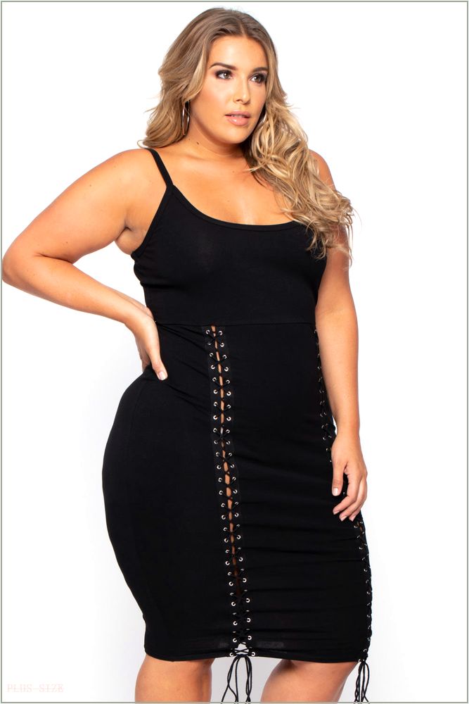  Plus Size Bodycon Grommet Lace Up Dress - Black BOX/H12-CS1104-BK-1X