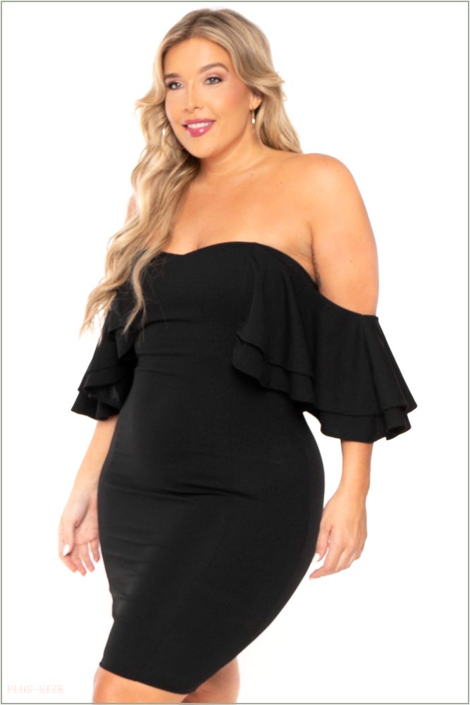  Plus Size Brie Off the Shoulder Ruffle Dress- Black O41-GD7463PL-BK-1X