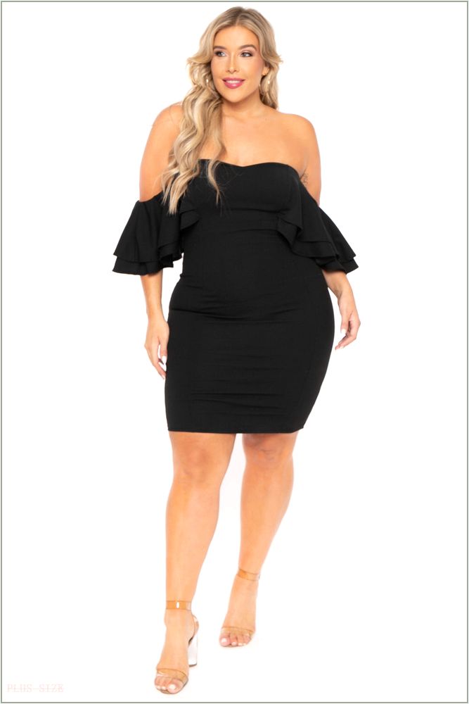  Plus Size Brie Off the Shoulder Ruffle Dress- Black O41-GD7463PL-BK-1X