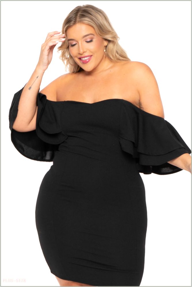  Plus Size Brie Off the Shoulder Ruffle Dress- Black O41-GD7463PL-BK-1X