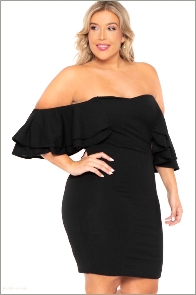  Plus Size Brie Off the Shoulder Ruffle Dress- Black O41-GD7463PL-BK-1X