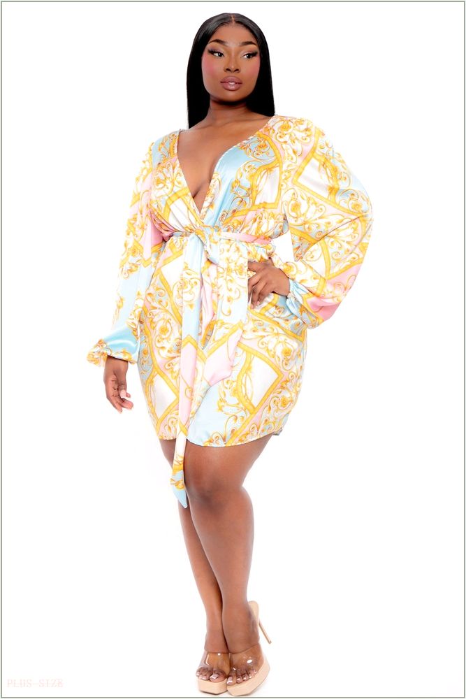  Plus Size Brisa Printed Tulip Hem Dress - Ivory H14-CS1967P-IV-1X