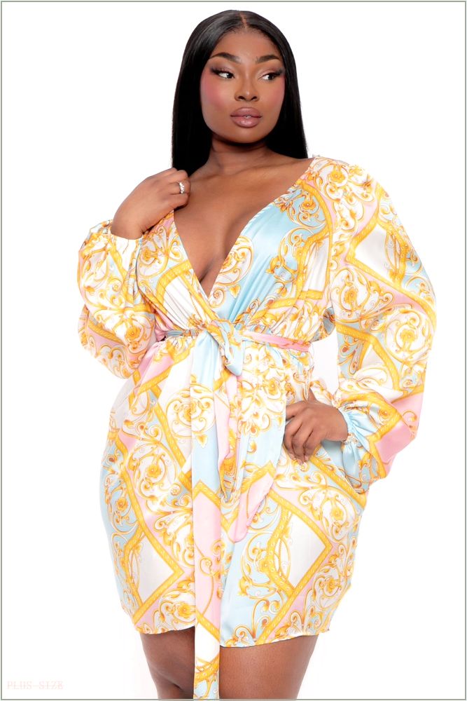  Plus Size Brisa Printed Tulip Hem Dress - Ivory H14-CS1967P-IV-1X