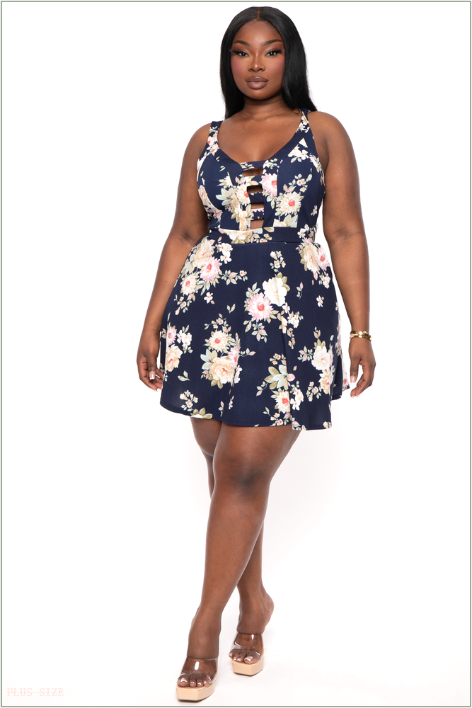  Plus Size Caged Fit & Flare Floral Dress -Navy H2-CS2165P-NY-1X