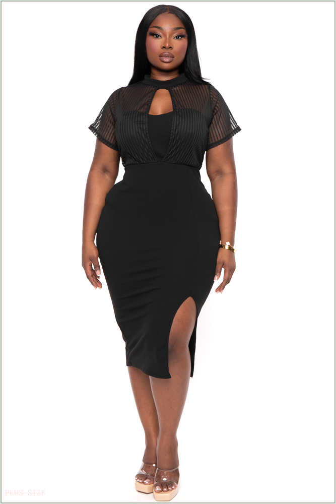  Plus Size Ceci Striped Mesh Midi Dress- Black H8-CS2326-BK-1X