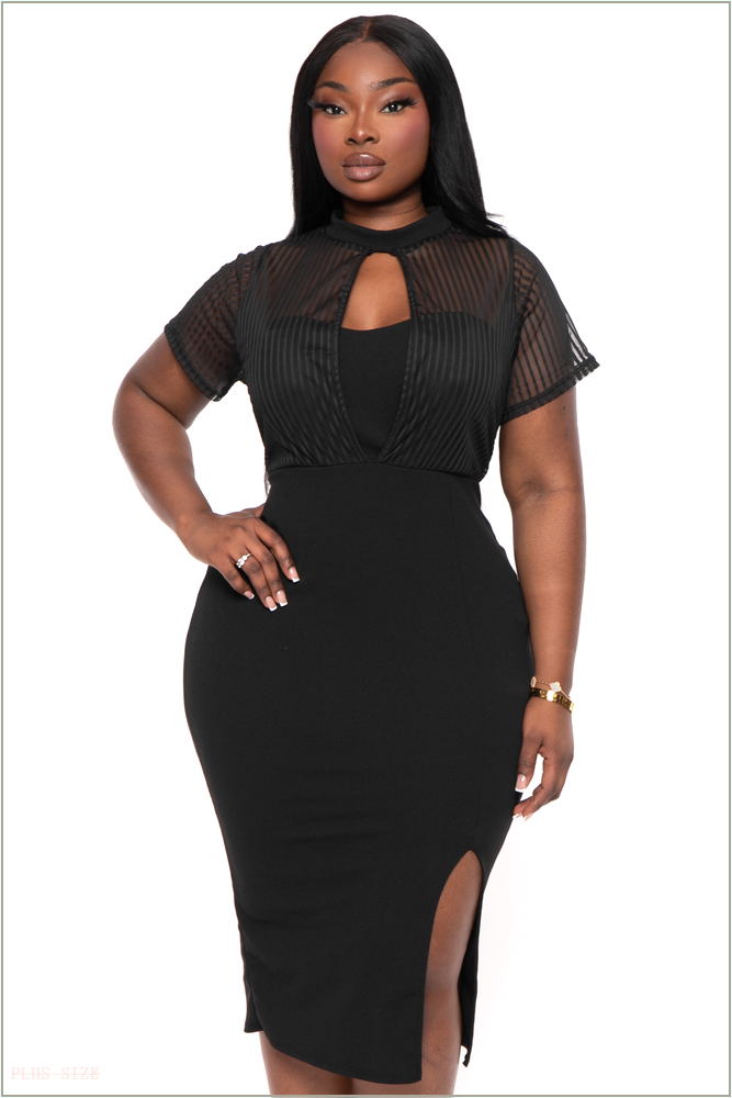  Plus Size Ceci Striped Mesh Midi Dress- Black H8-CS2326-BK-1X