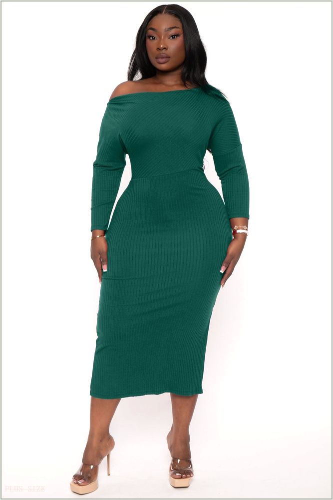  Plus Size Charlene Ribbed Midi Dress - Hunter Green Z390-CRD1799QX-HG-1X