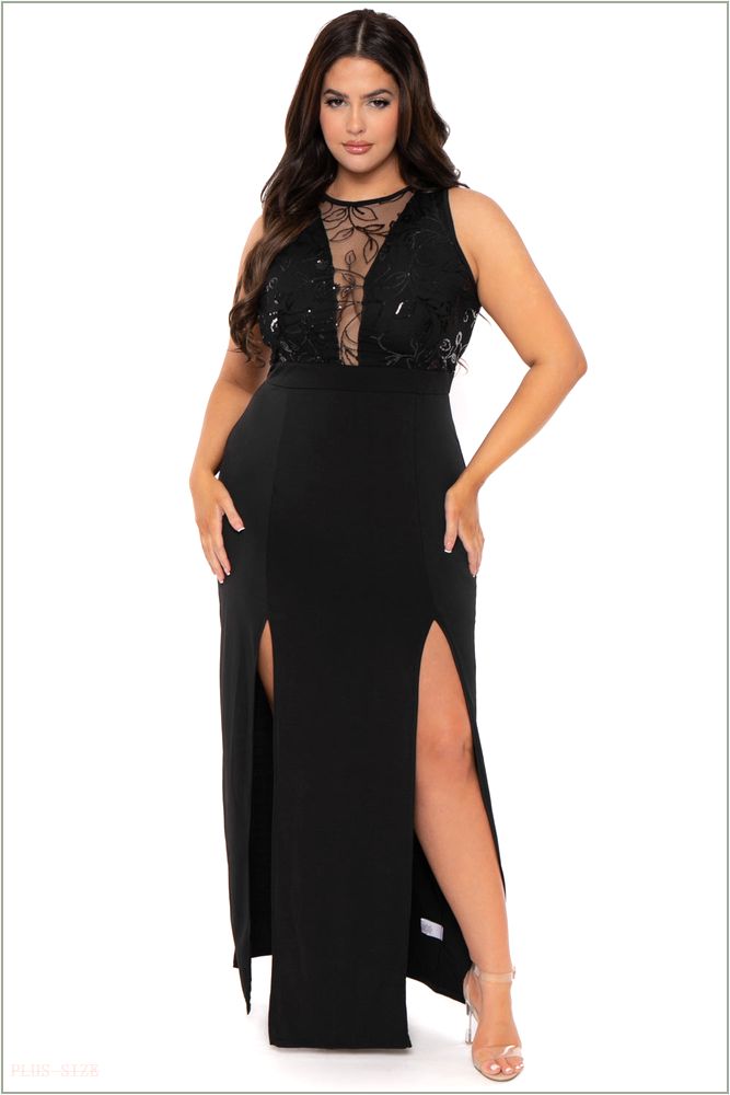  Plus Size Chiara M- Slit Maxi Dress - Black O5-CS2045-BK-1X