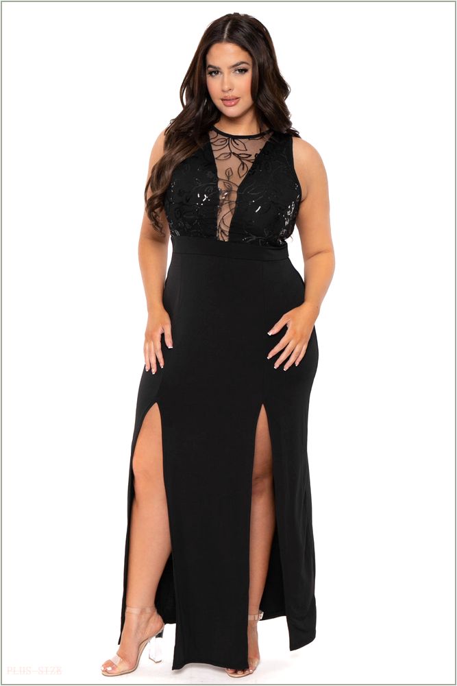  Plus Size Chiara M- Slit Maxi Dress - Black O5-CS2045-BK-1X