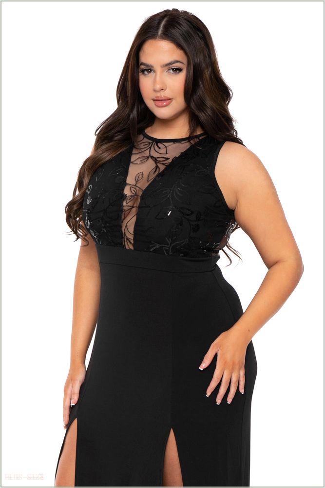  Plus Size Chiara M- Slit Maxi Dress - Black O5-CS2045-BK-1X