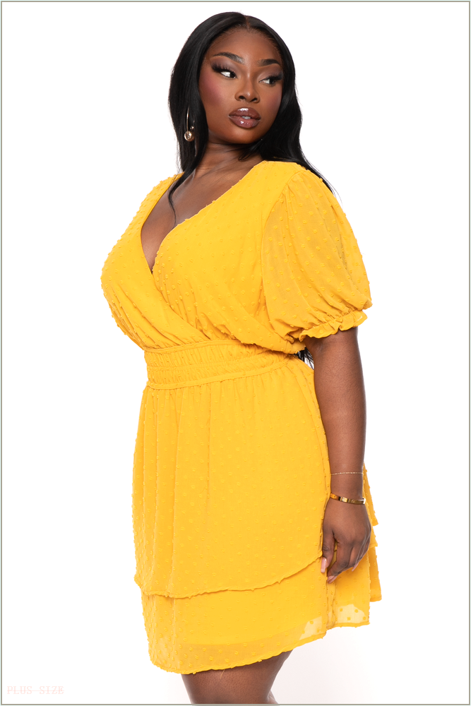  Plus Size Chiffon Swiss Dot Dress - Yellow UP6-CS2178-YW-1X